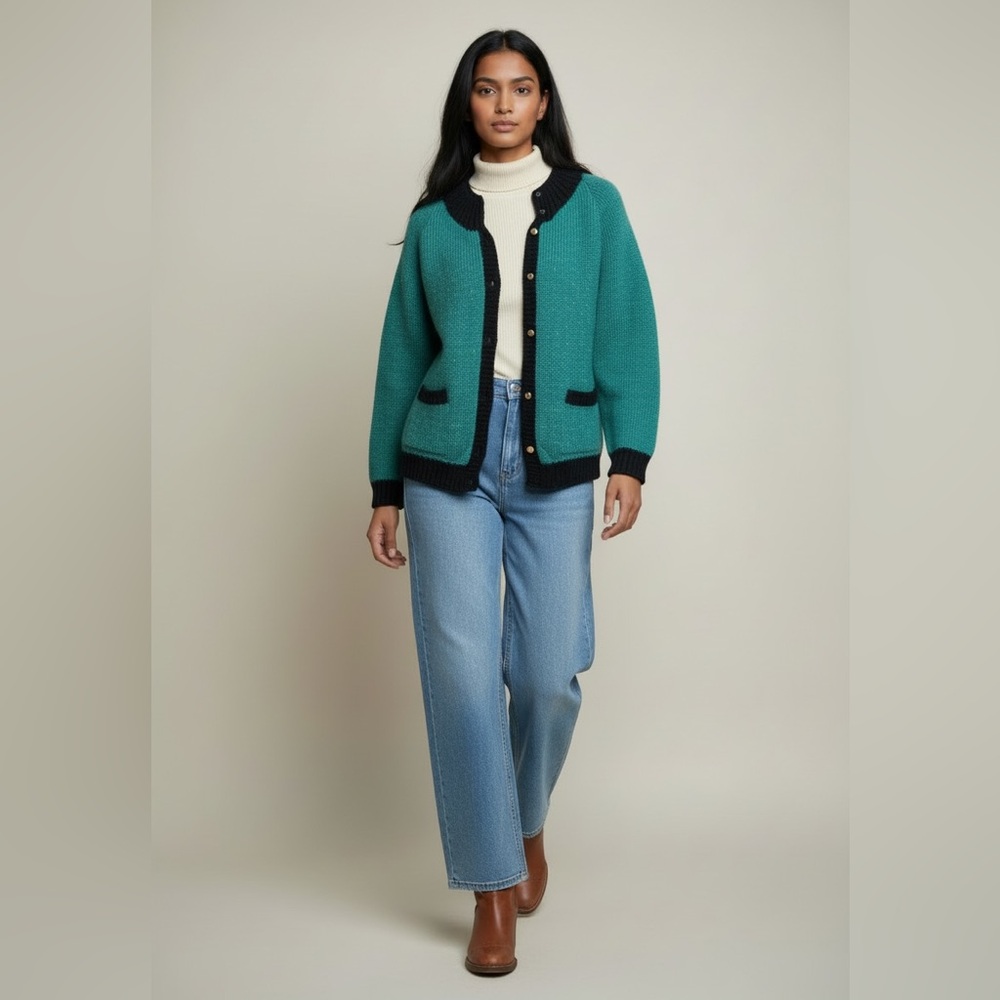 VTG Sweater Green 70s Cardigan Small Medium Handmade Chunky‎ Knit Scandi Girl